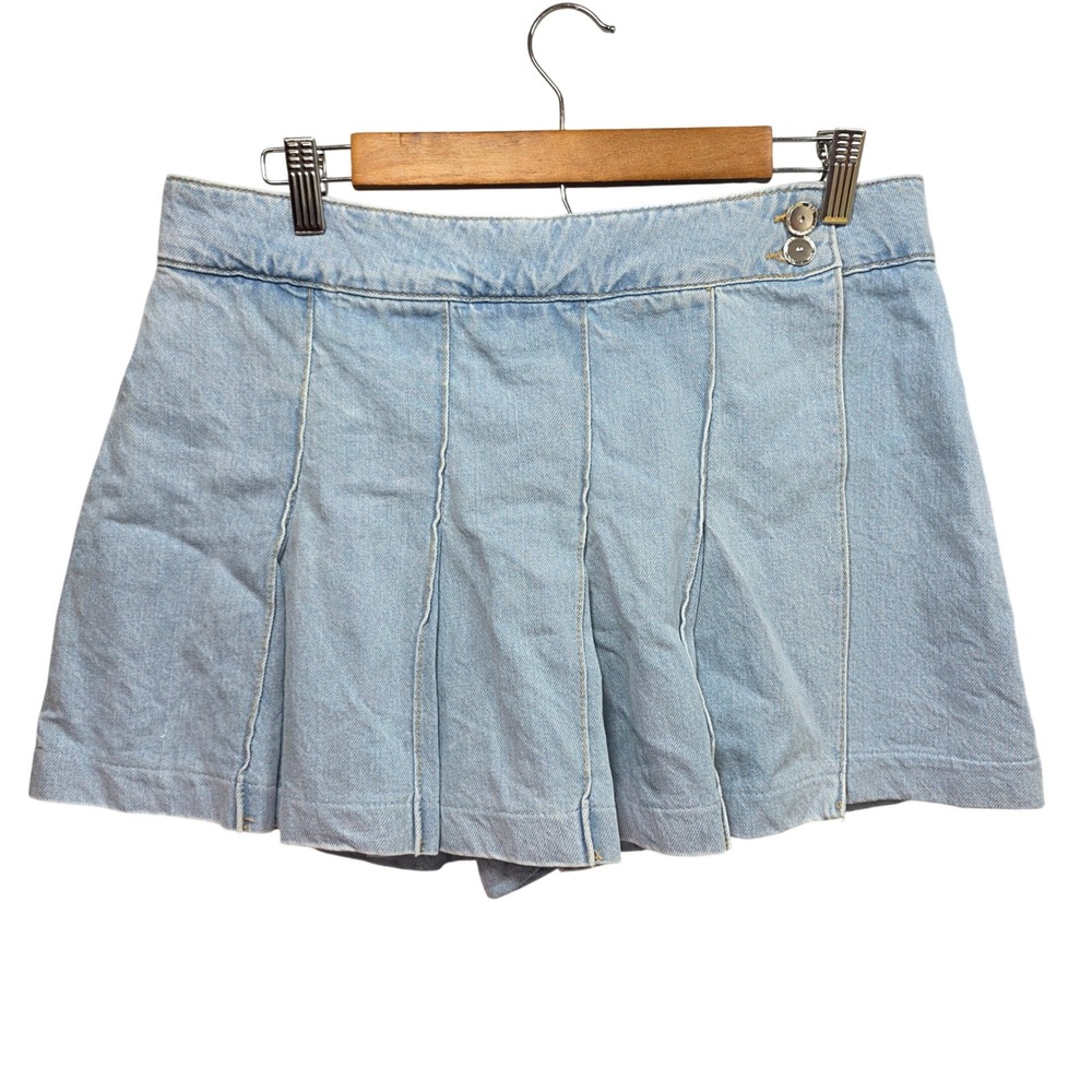 Zara Womens Pleated Skort‎ Light Denim High Waisted Blue Sz L Mini Schoolgirl